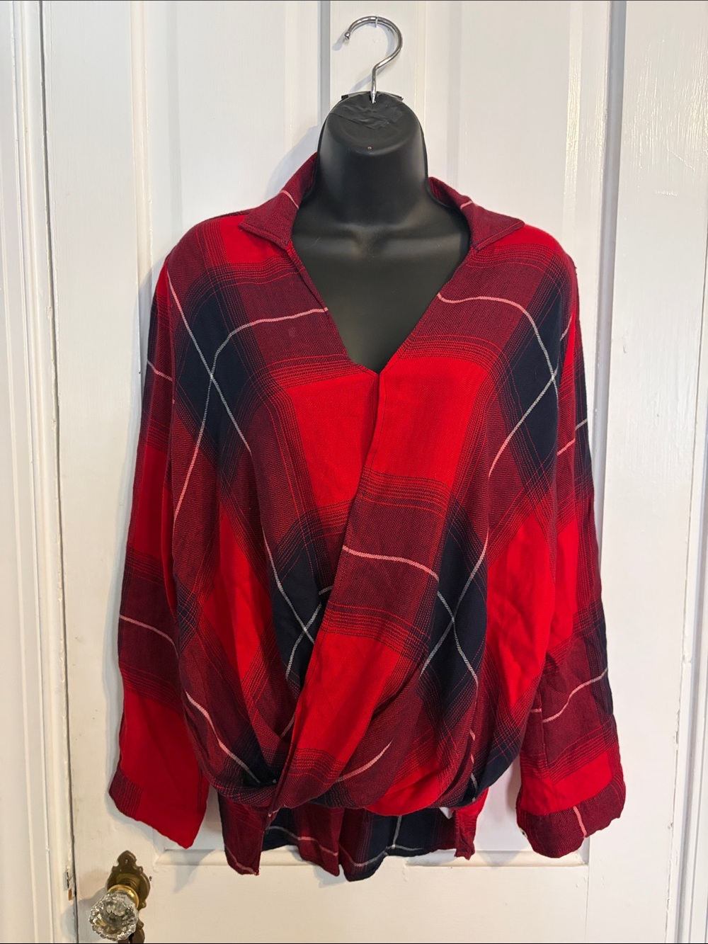 Mi Ami Red and Navy Plaid Draped Wrap Tunic